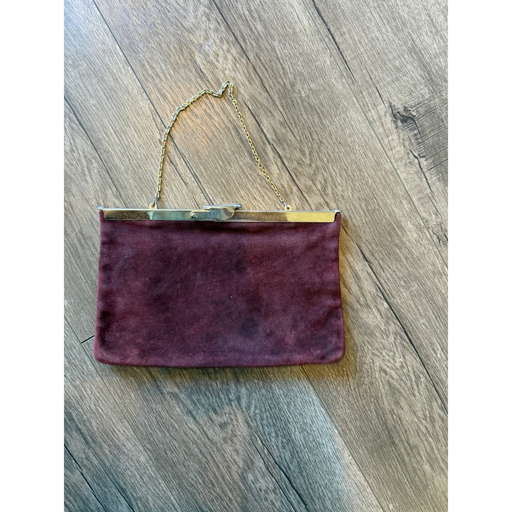 Vintage Suede Evening Bag Gold Chain Strap‎ Maroon Clutch Purse Elegant